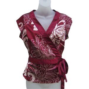 BCBG Kimono style wrap side tie red/cream flowered silk top